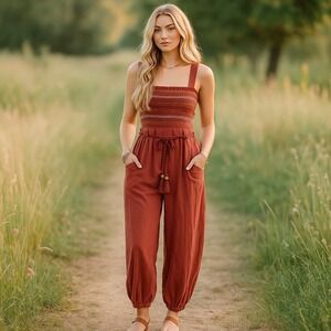 Free People Sienna Smocked Jumpsuit Belted Burnt Orange Boho M